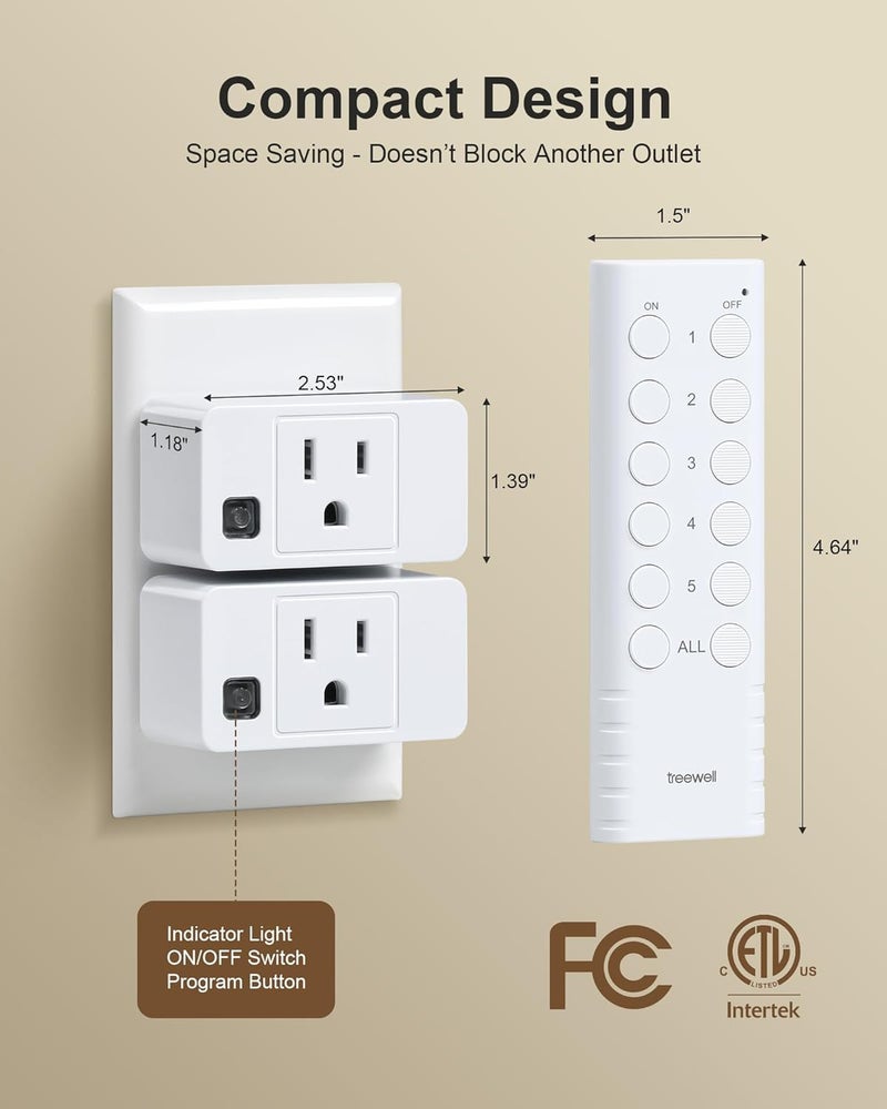 treewell Wireless Remote Control Outlet, 200FT Long Range Remote Light Switch, Mini Remote Outlet Plug, 15A/1875W High-Power for Lamps, Lights, Household Appliances, FCC & ETL Listed (5 Outlets + 2 Remotes) - Image 5